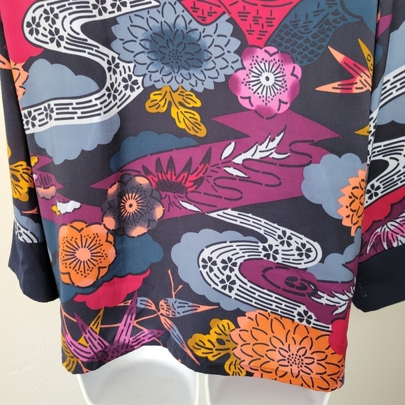 Natori Women's Large Long Sleeve Blouse V-neck Top Blue Purple Floral Print - Picture 2 of 9